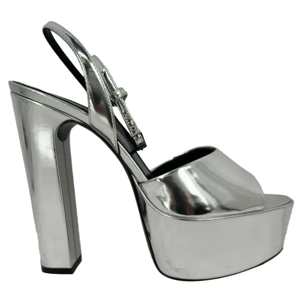 Saint Laurent Jodie Platform Sandals in Metallic Silver Patent Leather